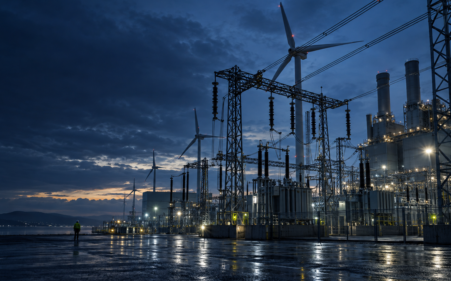 Power infrastructure and an engineer at blue hour