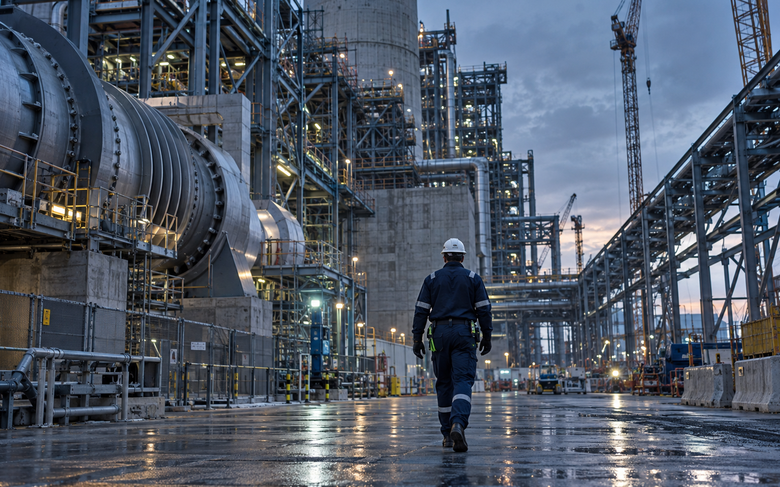 Technical professional walking through a major industrial project